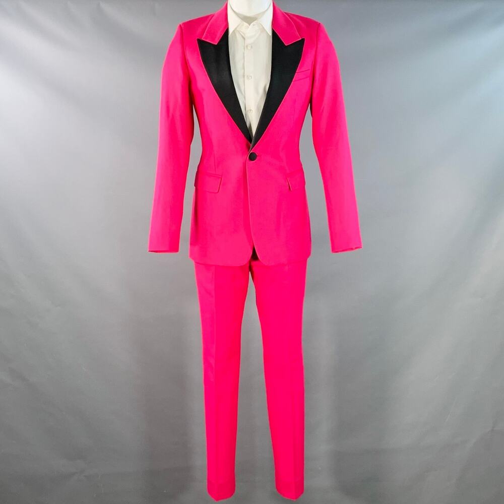 AMI by ALEXANDRE MATTIUSSI Size 36 Fuchsia Pink Black Wool Peak Lapel Suit - Picture 2 of 15